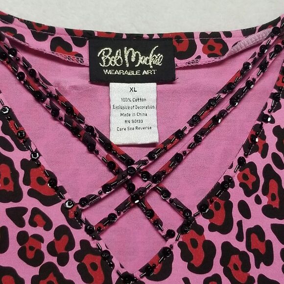 Bob Mackie L Dress Short Pink Leopard Beaded Trim Mob Wife Barbie Boho Artsy - Picture 5 of 10